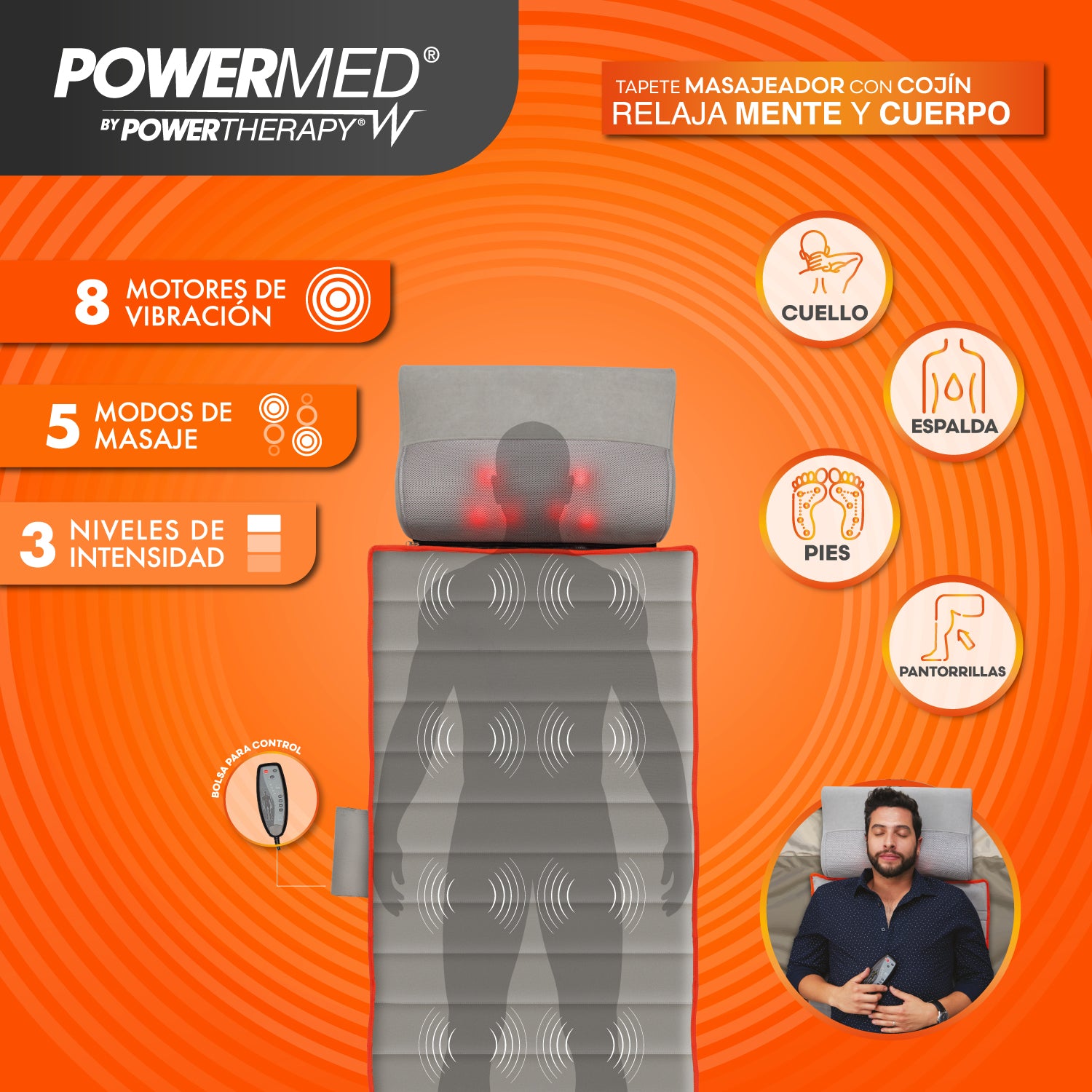 Power Med - Masajeador corporal de colchón - 8 motores de vibración 5 modos de masaje 3 velocidades