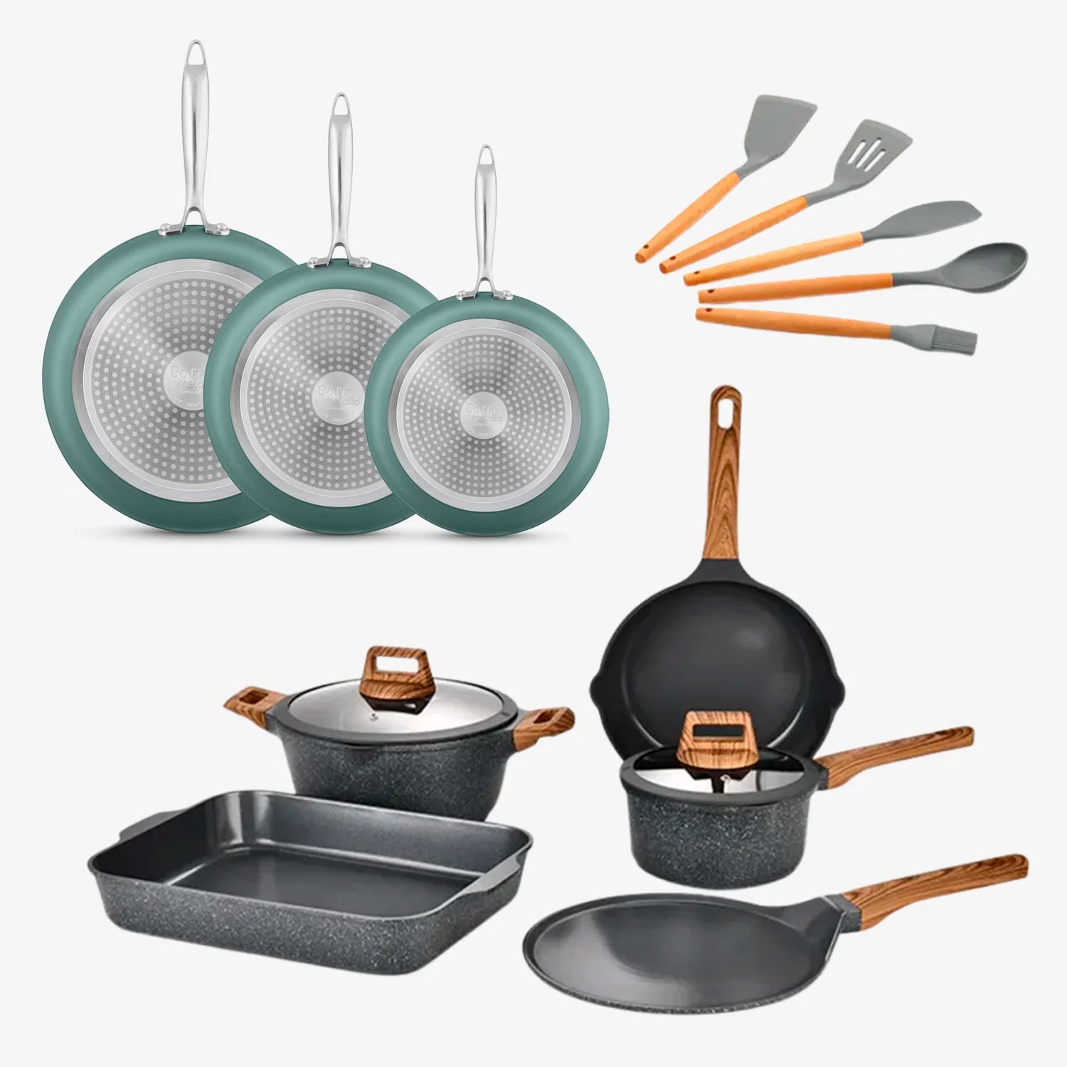Paquete Sofía Cocina Completa: Sartenes Metallic + Batería Ceramic 12 piezas