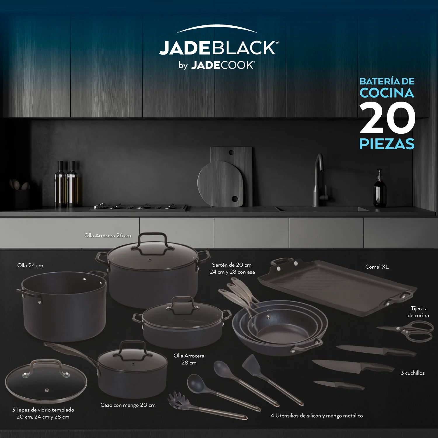 Batería de cocina Jade Black 20 piezas