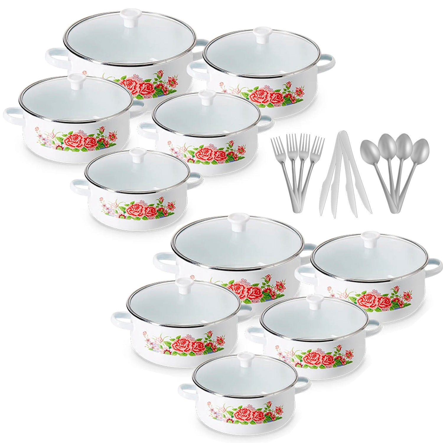 2 Baterías de cocina Sofía Flowers 10 piezas + Set de cubiertos