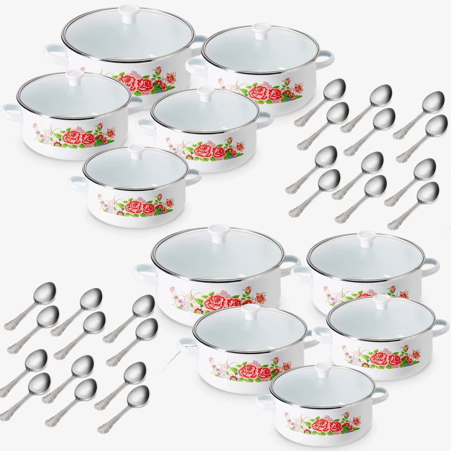 2 Baterías de cocina Sofía Flowers + Set 24 cucharas