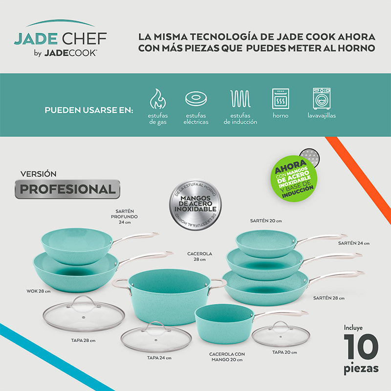 Batería Jade Chef + Procesador de alimentos Jade Fusión + Set de utensilios Jade Cook