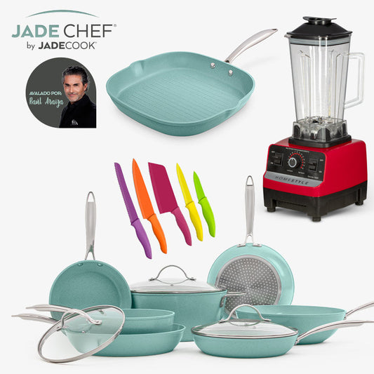 JADECOOK Paquete de lujo Batería de cocina Jade Chef® con Cuchillos  profesionales Jade Cook®  Kit con 10 piezas de sartenes y ollas con 6  capas de recubrimiento antiadherente : : Hogar