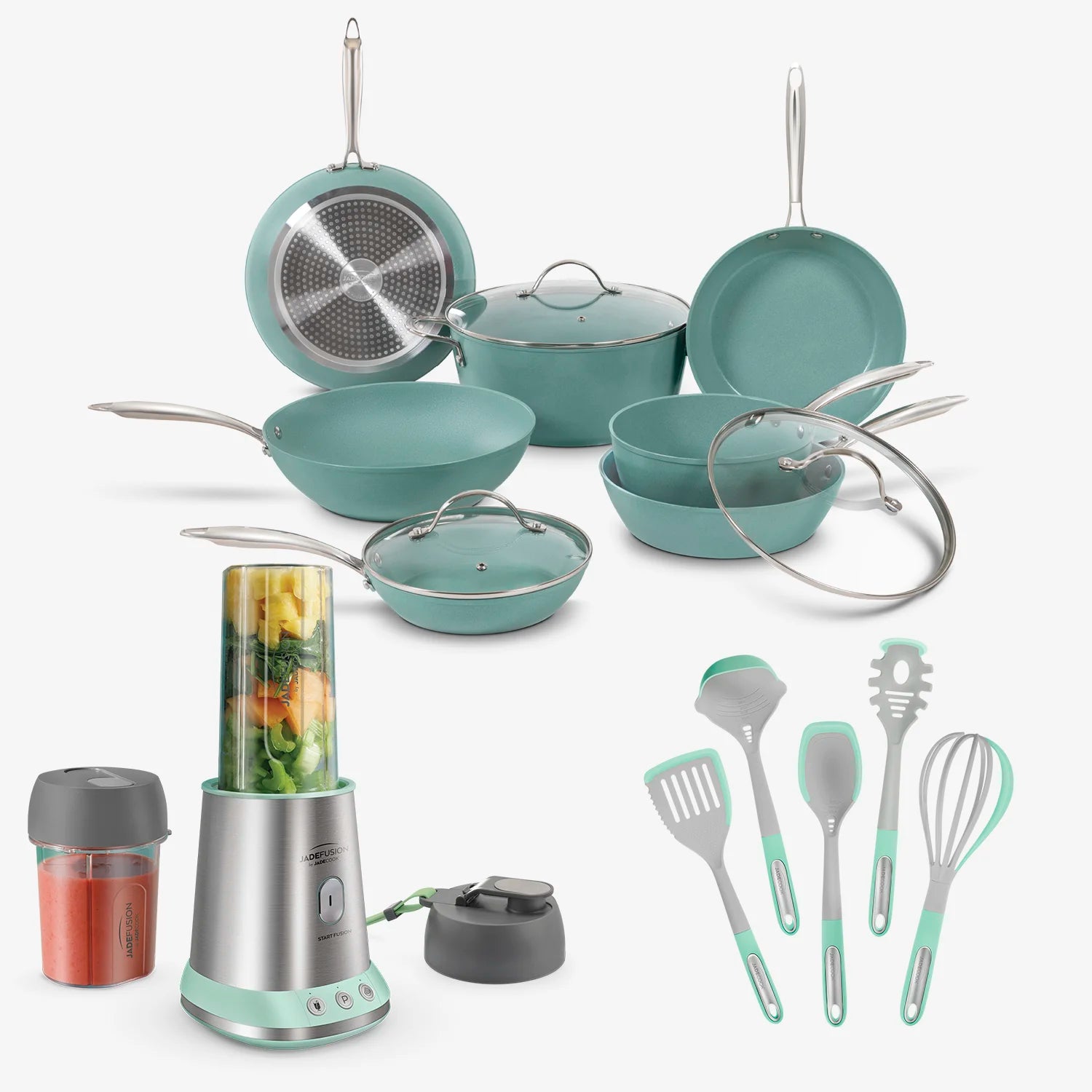 Batería Jade Chef + Procesador de alimentos Jade Fusión + Set de utensilios Jade Cook