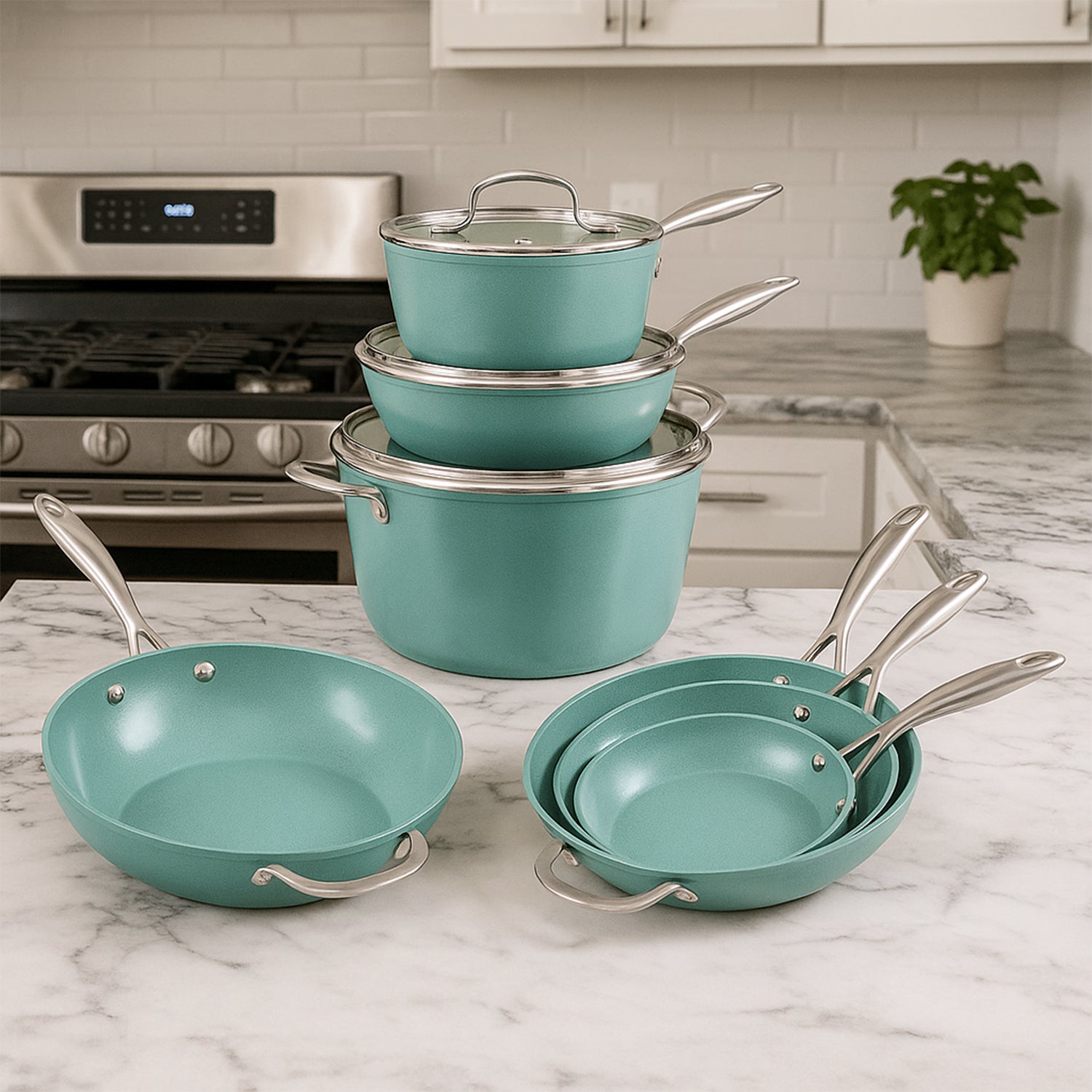 Batería de lujo Jade Chef + Set de cuchillos Jade Cook