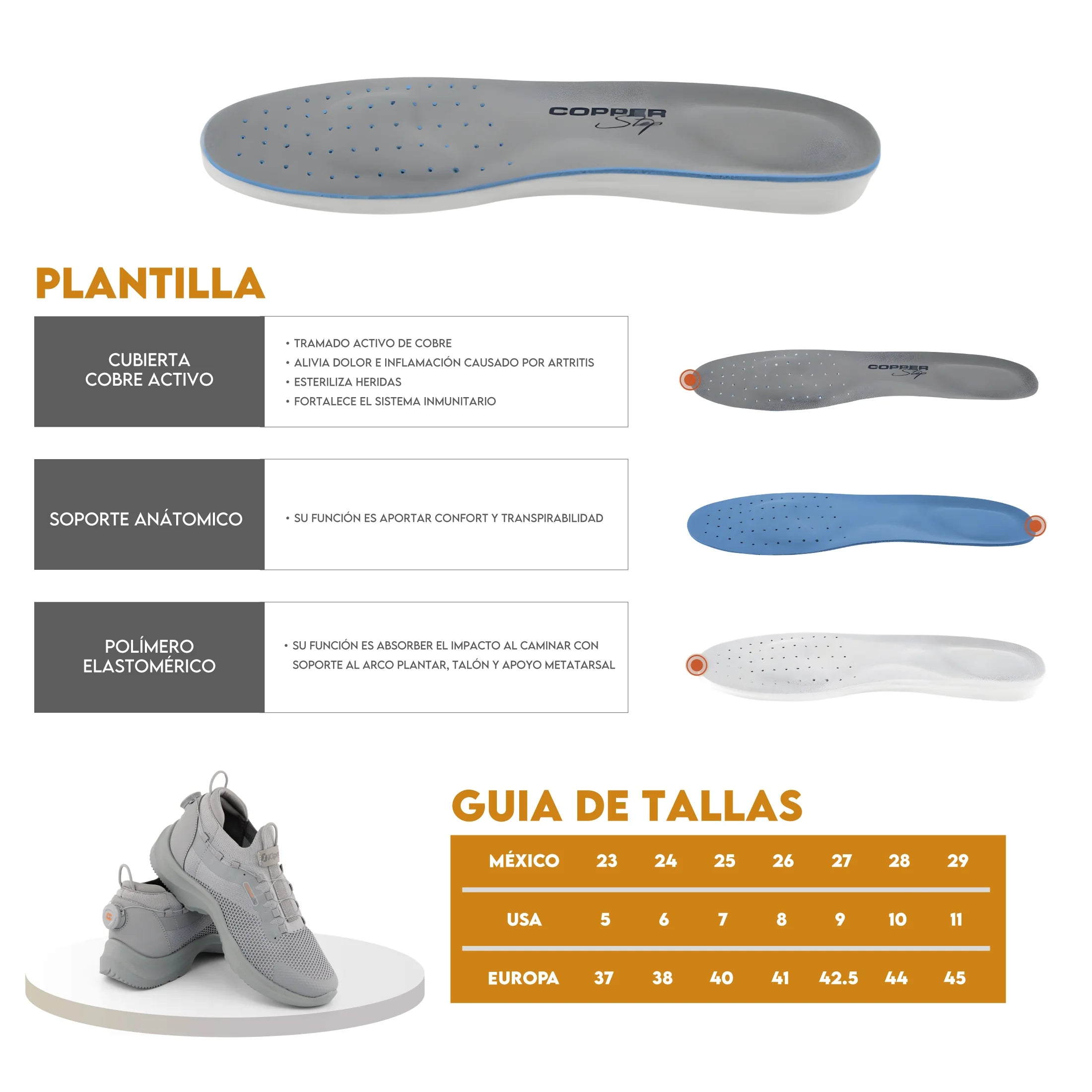 Calzado Antiderrapante KiProz con Tecnología de Cobre Color Gris