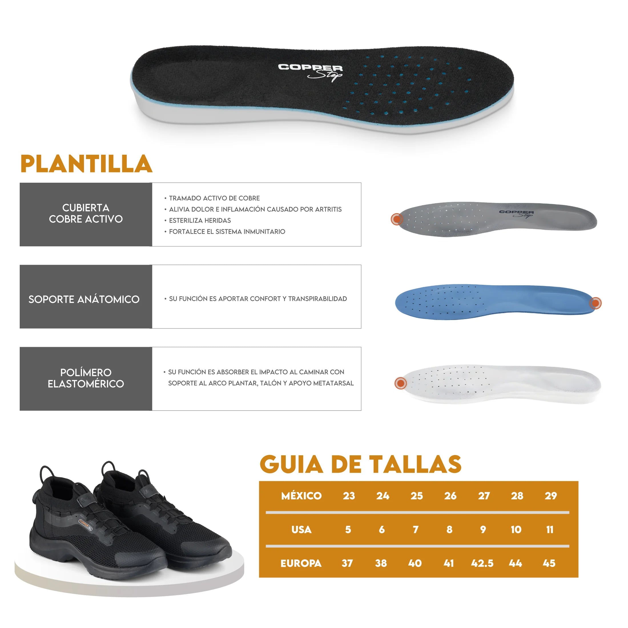 Calzado Antiderrapante KiProz con Tecnología de Cobre Color Negro