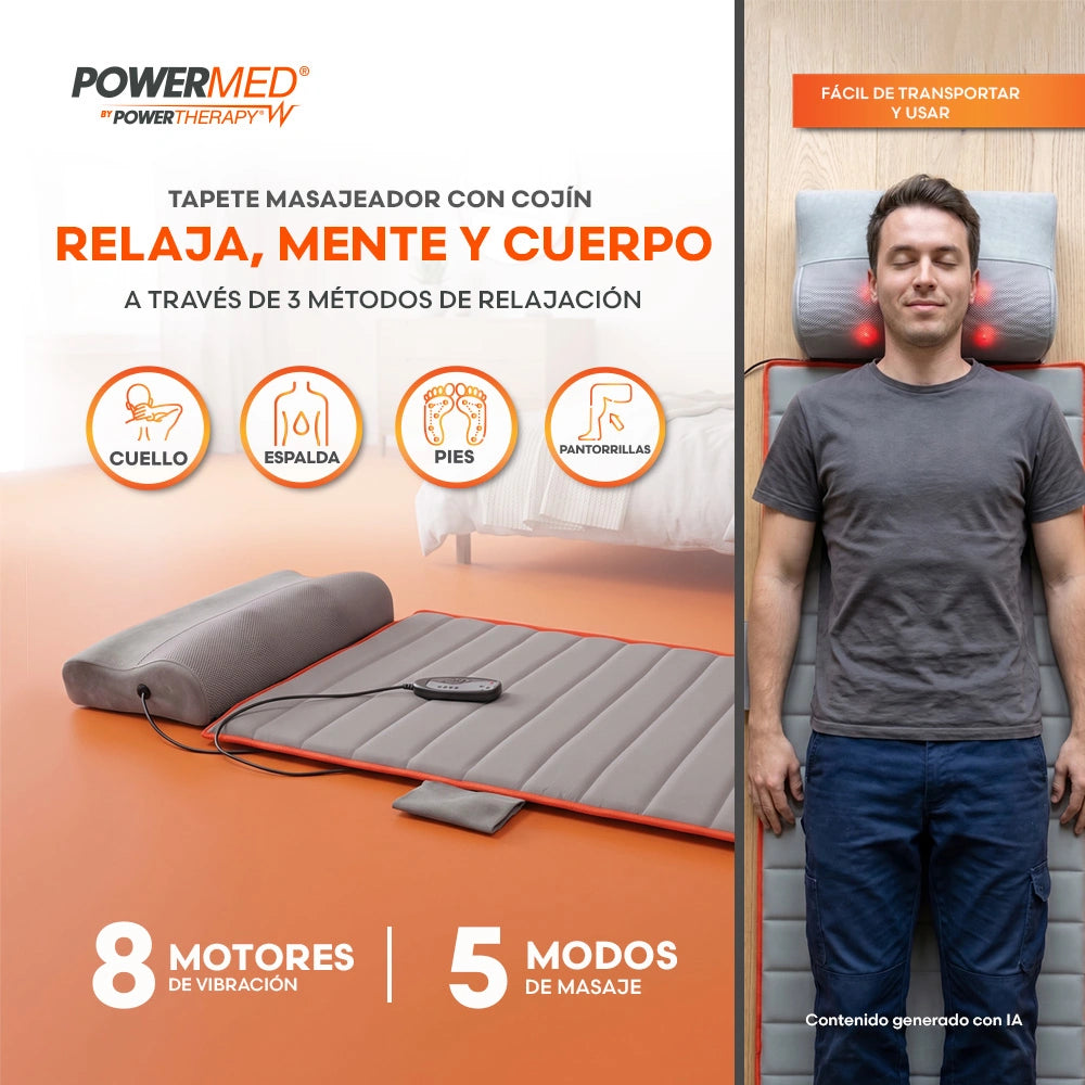 Power Med - Masajeador corporal de colchón - 8 motores de vibración 5 modos de masaje 3 velocidades