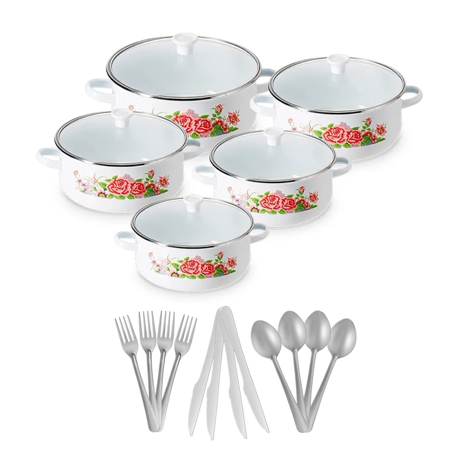 Batería de cocina Sofía Flowers 10 piezas + Set de cubiertos