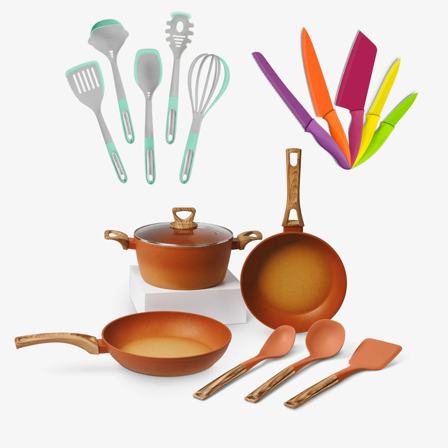 Batería de cocina Sofía Terracook + Set de cuchillos + Utensilios multifunción - R